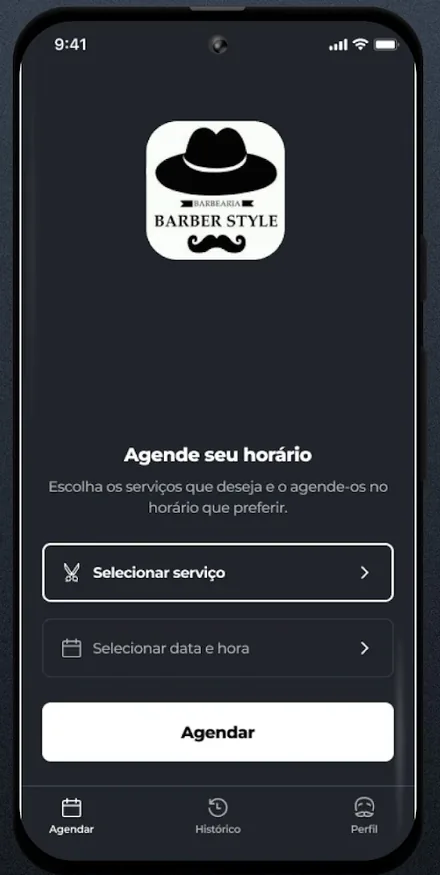 Tela do app para selecionar serviço, data e hora
