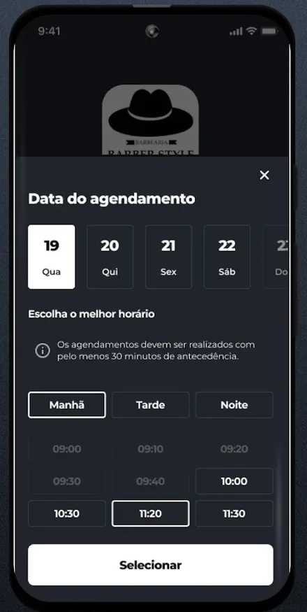 Tela do app com dias e horários disponíveis