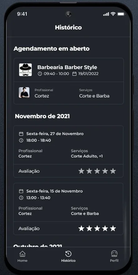 Tela do app com histórico de agendamentos e avaliações
